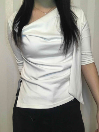 Cowl Neck Draped Balloon Sleeve Shirred Blouse