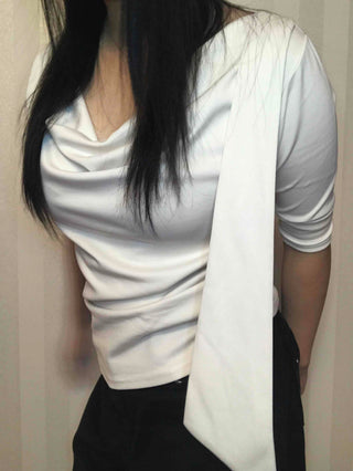 Cowl Neck Draped Balloon Sleeve Shirred Blouse