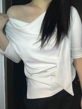 Cowl Neck Draped Balloon Sleeve Shirred Blouse