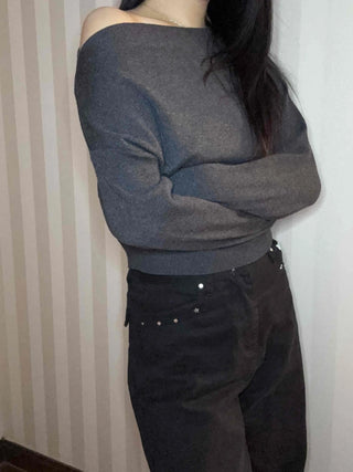 Side Shirred Wide Neck Crop Knit