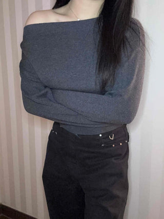 Side Shirred Wide Neck Crop Knit