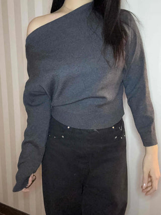 Side Shirred Wide Neck Crop Knit