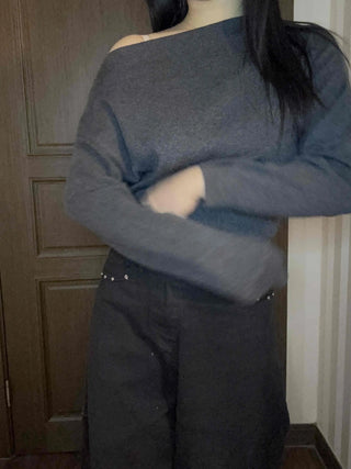 Side Shirred Wide Neck Crop Knit
