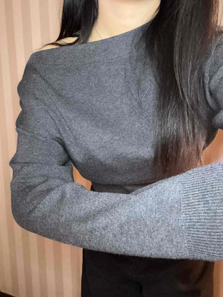 Side Shirred Wide Neck Crop Knit