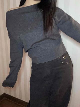 Side Shirred Wide Neck Crop Knit