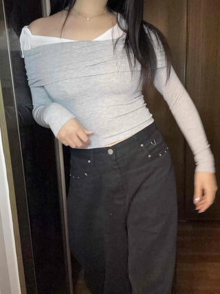 Layered Draping Shirred Crop Long Sleeve T-shirt