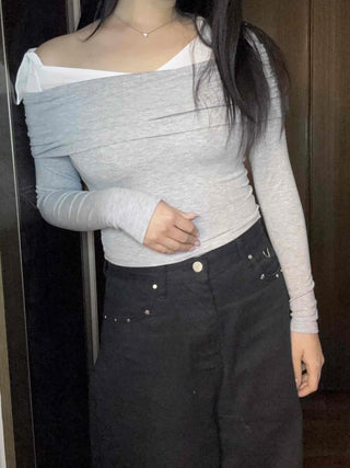 Layered Draping Shirred Crop Long Sleeve T-shirt