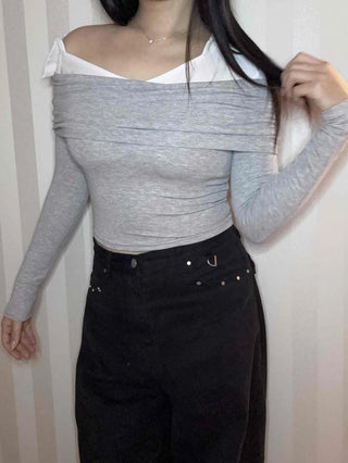 Layered Draping Shirred Crop Long Sleeve T-shirt