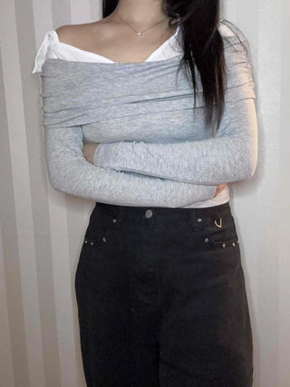 Layered Draping Shirred Crop Long Sleeve T-shirt