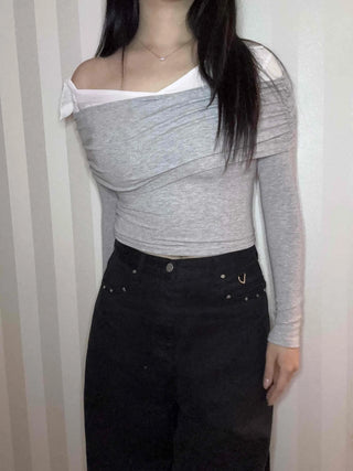 Layered Draping Shirred Crop Long Sleeve T-shirt