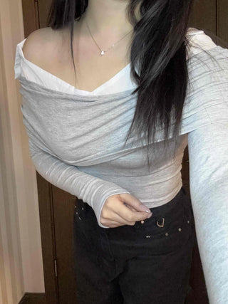 Layered Draping Shirred Crop Long Sleeve T-shirt