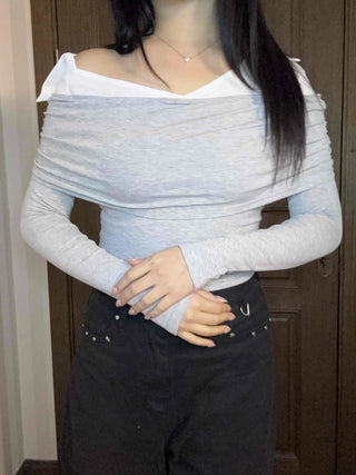 Layered Draping Shirred Crop Long Sleeve T-shirt