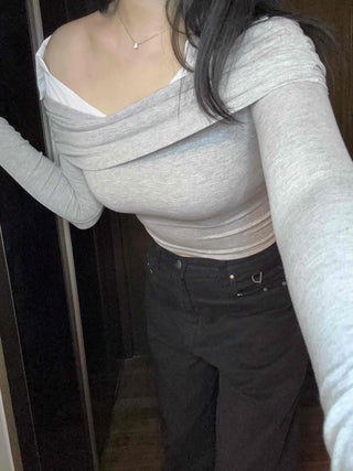 Layered Draping Shirred Crop Long Sleeve T-shirt