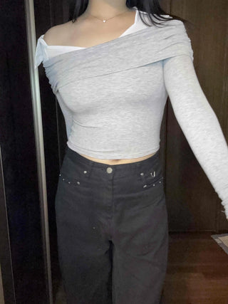Layered Draping Shirred Crop Long Sleeve T-shirt