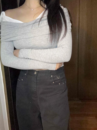 Layered Draping Shirred Crop Long Sleeve T-shirt