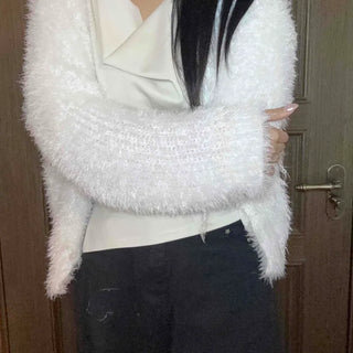Soft Touch Shoulder Line Puff Off-Shoulder Fur Cardigan