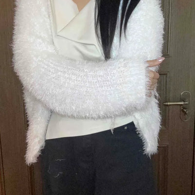 Soft Touch Shoulder Line Puff Off-Shoulder Fur Cardigan