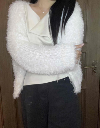 Soft Touch Shoulder Line Puff Off-Shoulder Fur Cardigan