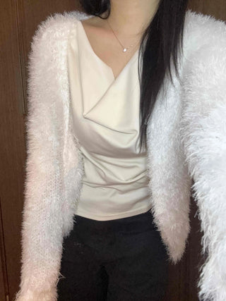 Soft Touch Shoulder Line Puff Off-Shoulder Fur Cardigan