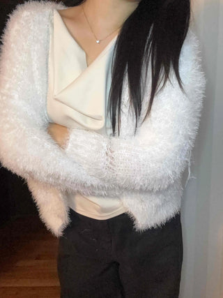 Soft Touch Shoulder Line Puff Off-Shoulder Fur Cardigan