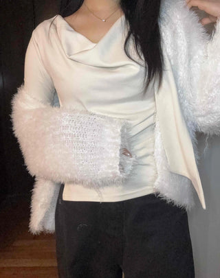 Soft Touch Shoulder Line Puff Off-Shoulder Fur Cardigan