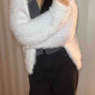 Soft Touch Shoulder Line Puff Off-Shoulder Fur Cardigan