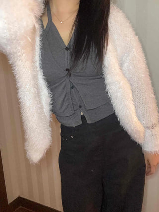 Soft Touch Shoulder Line Puff Off-Shoulder Fur Cardigan