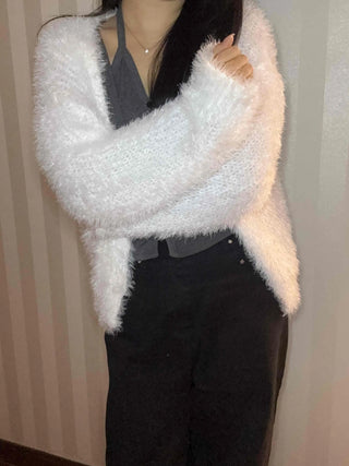Soft Touch Shoulder Line Puff Off-Shoulder Fur Cardigan