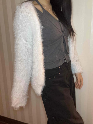 Soft Touch Shoulder Line Puff Off-Shoulder Fur Cardigan