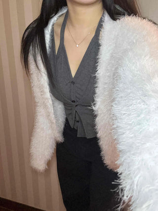 Soft Touch Shoulder Line Puff Off-Shoulder Fur Cardigan