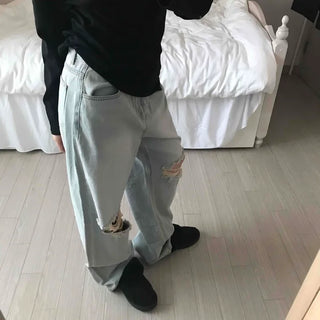 Light Wash Crush Damage Straight Denim Pants