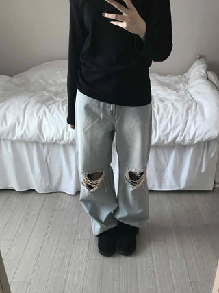 Light Wash Crush Damage Straight Denim Pants