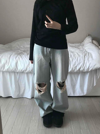 Light Wash Crush Damage Straight Denim Pants