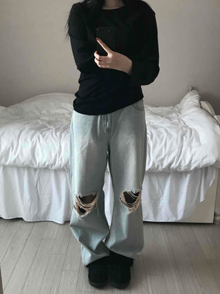 Light Wash Crush Damage Straight Denim Pants