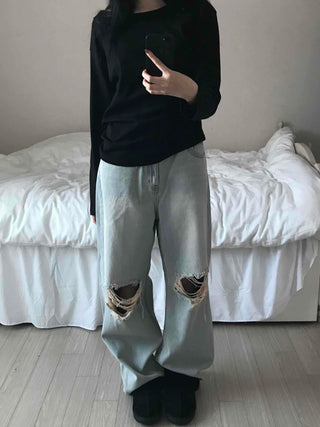 Light Wash Crush Damage Straight Denim Pants