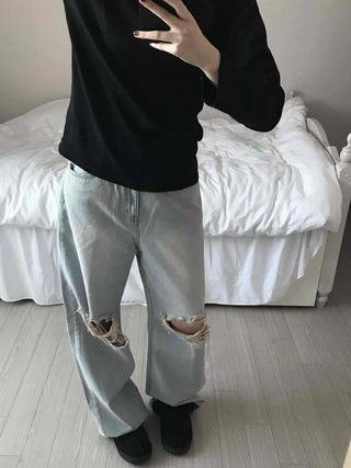 Light Wash Crush Damage Straight Denim Pants
