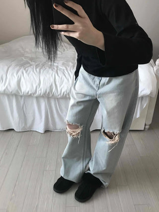 Light Wash Crush Damage Straight Denim Pants