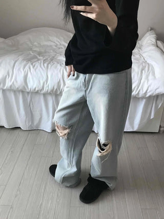 Light Wash Crush Damage Straight Denim Pants