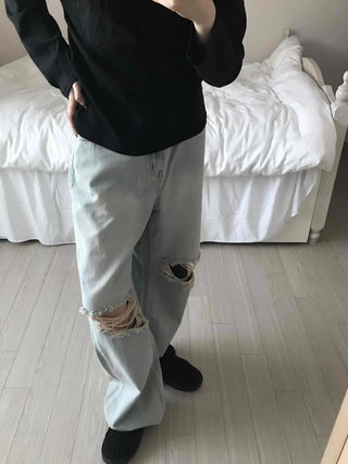 Light Wash Crush Damage Straight Denim Pants