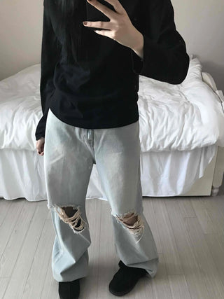 Light Wash Crush Damage Straight Denim Pants