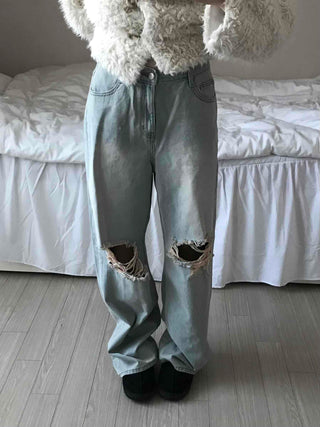 Light Wash Crush Damage Straight Denim Pants