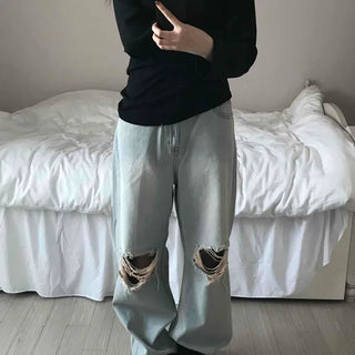 Light Wash Crush Damage Straight Denim Pants