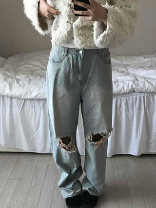 Light Wash Crush Damage Straight Denim Pants