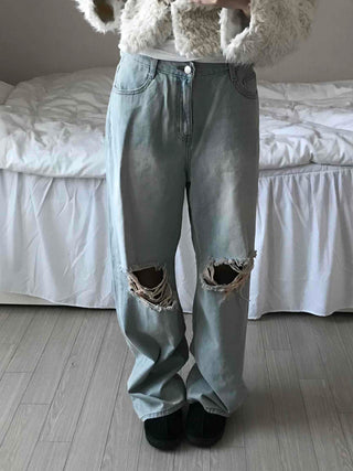 Light Wash Crush Damage Straight Denim Pants