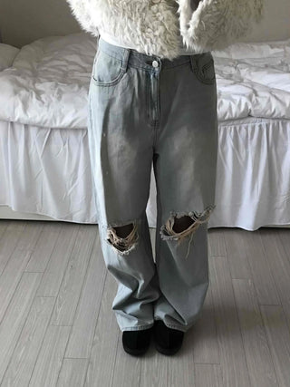 Light Wash Crush Damage Straight Denim Pants