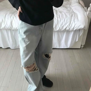 Light Wash Crush Damage Straight Denim Pants