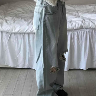Light Wash Crush Damage Straight Denim Pants