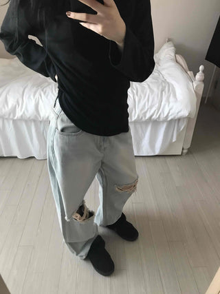 Light Wash Crush Damage Straight Denim Pants