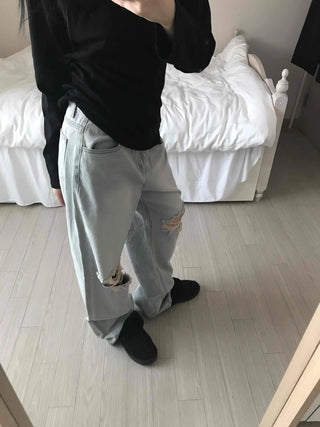 Light Wash Crush Damage Straight Denim Pants