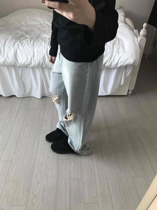 Light Wash Crush Damage Straight Denim Pants